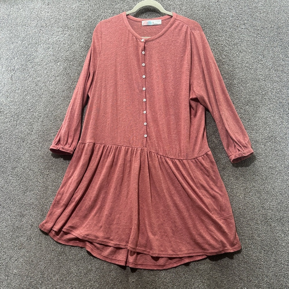 FP Beach Free People Babydoll Mini Dress Terracotta Pink Slub Knit Henley XS/S